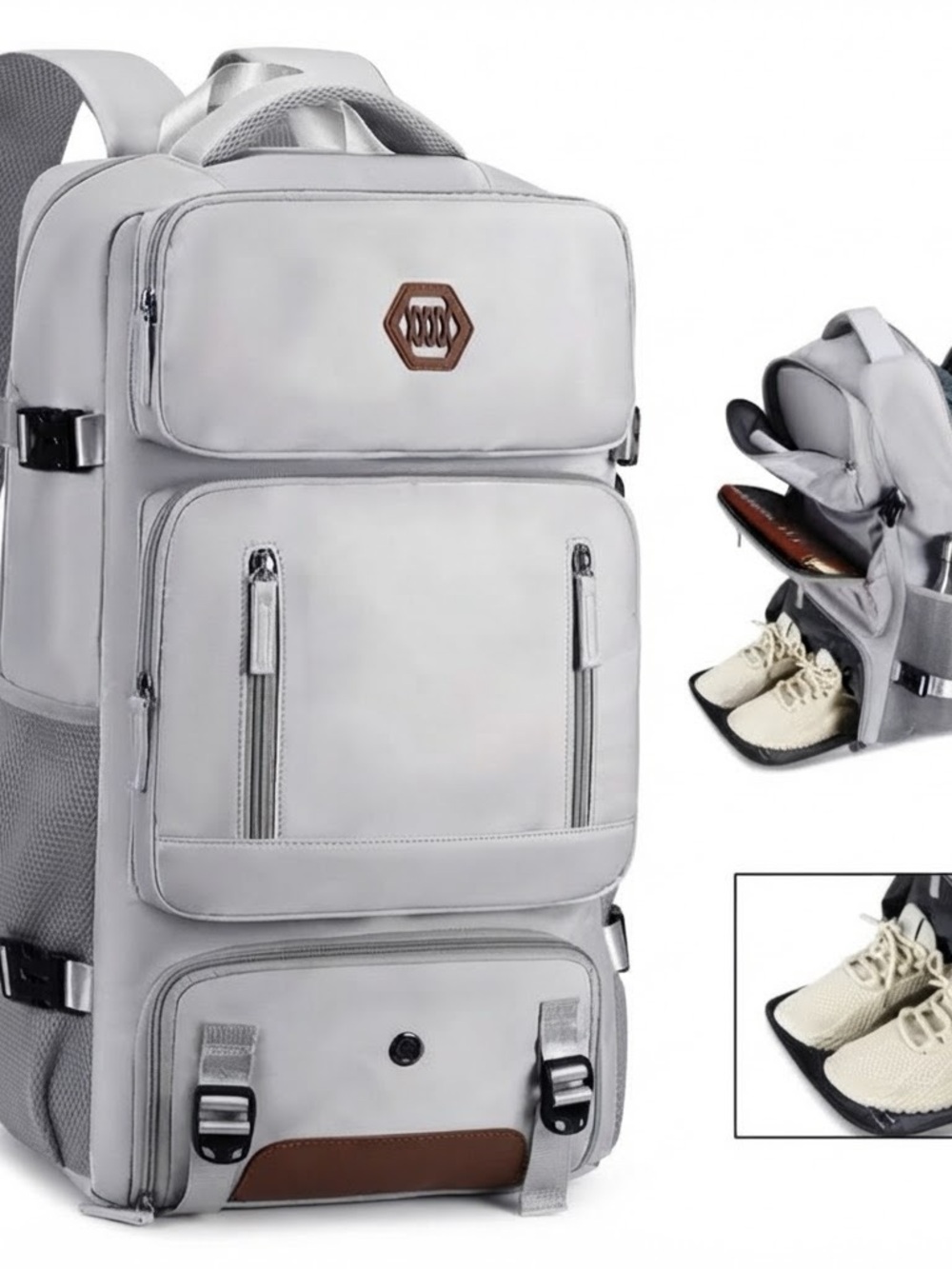 Light Gray Men's Backpack with Brown Accent - Modern Travel & Daily Carry